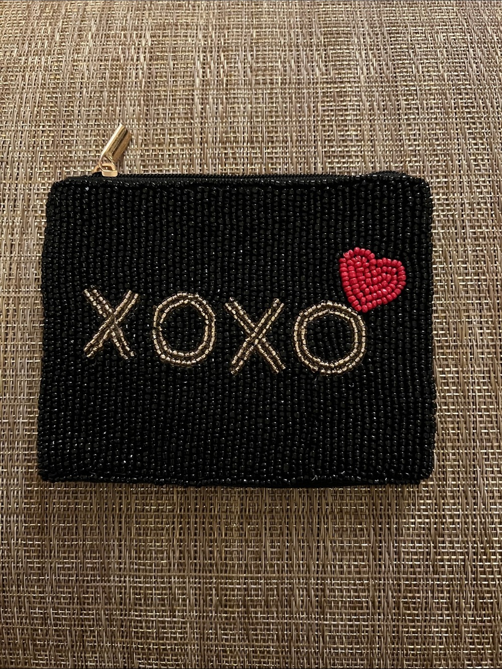 Beaded 'XOXO' Black Coin Purse with Red Heart